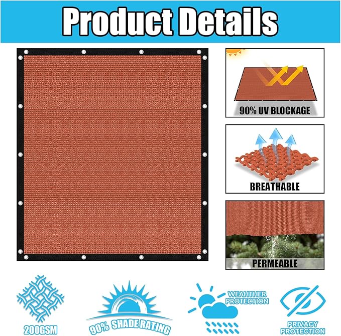 Amagenix 90% Pergola Shade Cover 5' X 5' Sun Shade Cloth with Grommets for Outdoor Garden Patio Porch, Commercial Grade 200 GSM - Cable Zip Ties Included (We Customized) GN108, Rust Red