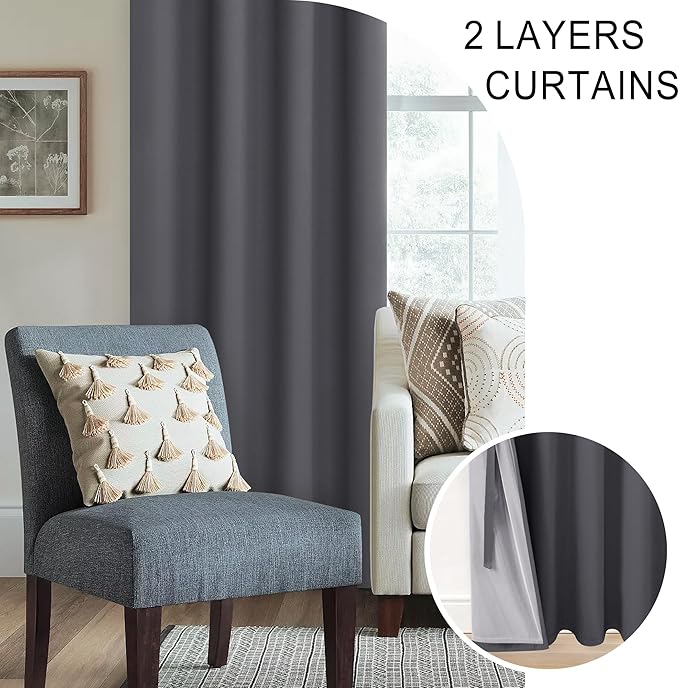 XWZO 100% Blackout Curtains 84 Inches Long - Heat and Full Light Blocking, Thermal Insulated Window Panels with Grommets for Bedroom/Nursery with Tiebacks, Dark Grey, W42 x L84, Set of 2 Draperies