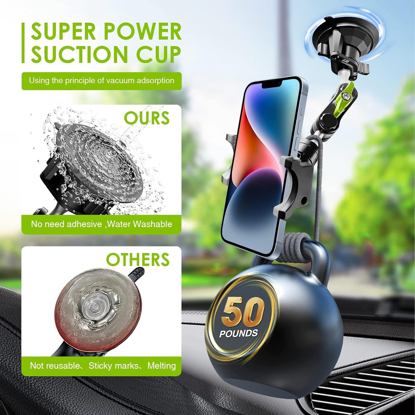 Suction Cup Phone Mount 360 Rotating Universal Ball Head Arm for Car Dashboard Windshield Vehicle Sunroof (Black)