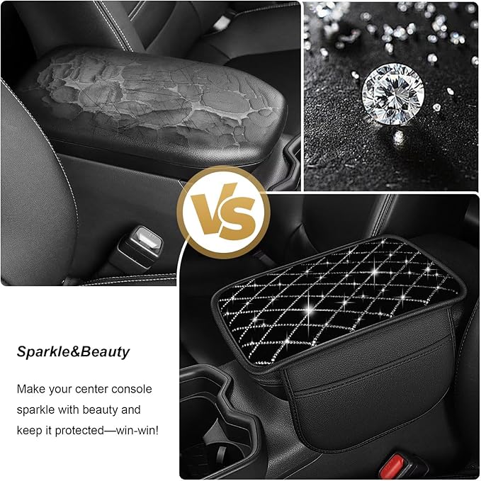Bling Center Console Cover with 2 Side Pockets Fit for Camry Multi-Functional Car Armrest Cushion Diamond-Studded Rhombus Pattern Style(Black&Silver Diamond)