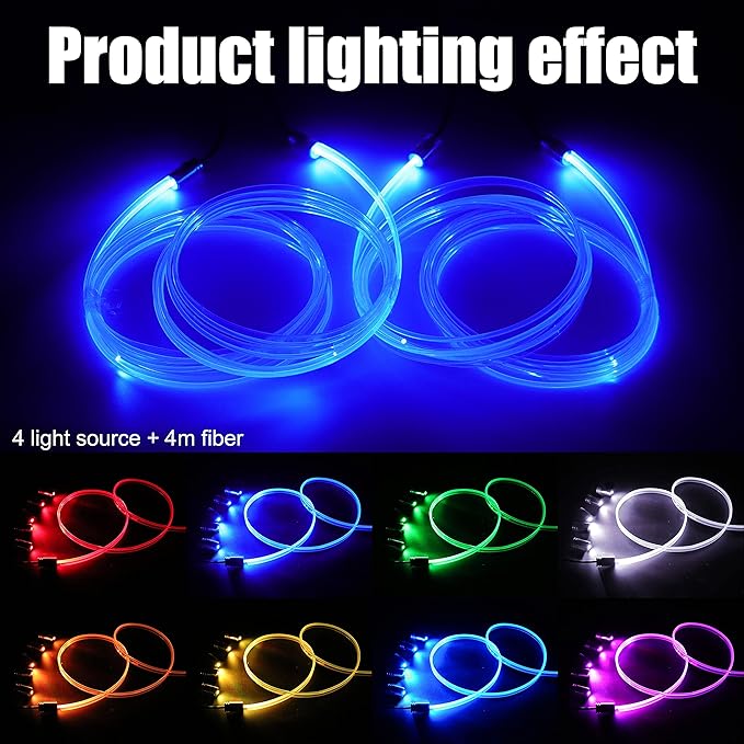 Car Atmosphere Light Kit 4m Fiber Optic RGB Multicolor Sound Active Music Sync Memory Function RF Remote Controller + Bluetooth APP Control 64 Colors USB Car Interior Ambient Lighting Kit 12V