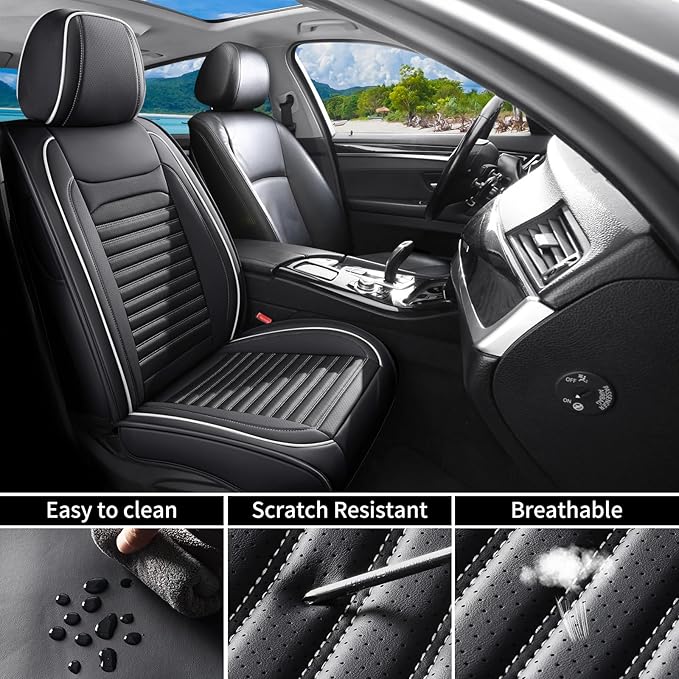 Truck Seat Covers Full Set Fit for Toyota Tacoma 2001-2026, Premium Faux Leather Car Seat Protector, Breathable, Anti-Slip, Comfortable & Durable (Black&White,Full Set)