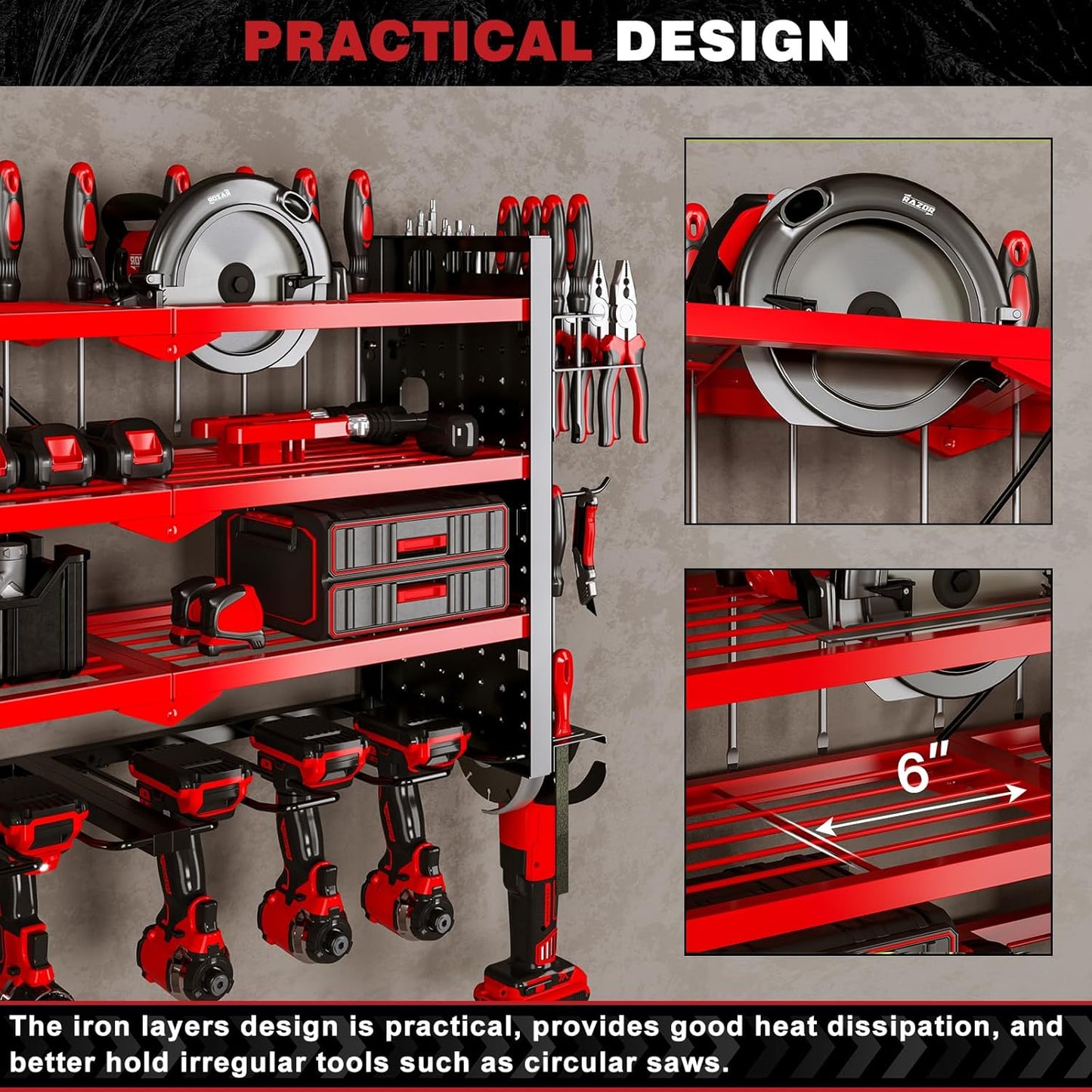 Power Tool Organizer Wall Mount with Charging Station 4 Layer 6 Slot Cordless Drill Holder with Angle Grinder Holder (Red)