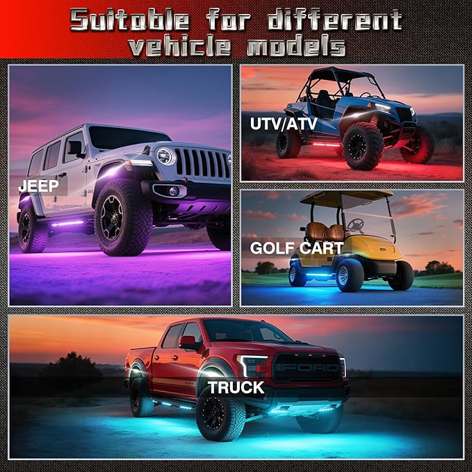 8 Pods Full Angle RGBW LED Rock Lights for Truck ATV UTV RZR SXS Jeeps Van RV Offroad,Waterproof Multicolor Neon Underglow Kit with APP/RF Remote&Brake Red Function, 12V Pure White Underbody Lights