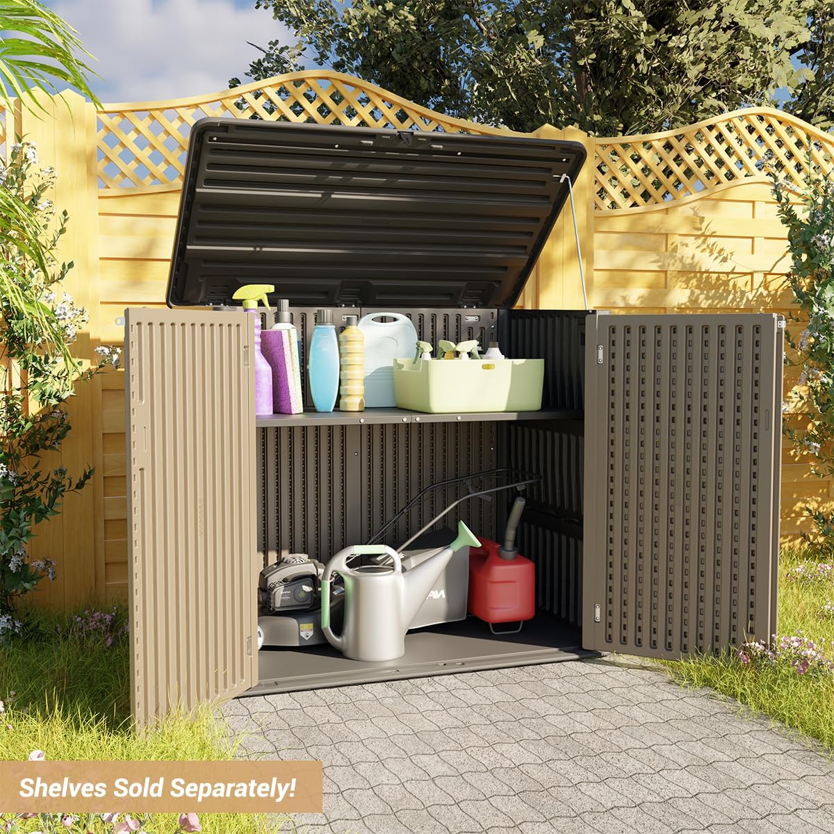 KINYING Larger Outdoor Storage Shed Weather Resistance, Resin Sheds & Outdoor Storage for Garden, Patios, Backyards, 48 Cu.Ft Tool Shed for Garbage Cans, Lawn Mower, Garden Tools,Brown