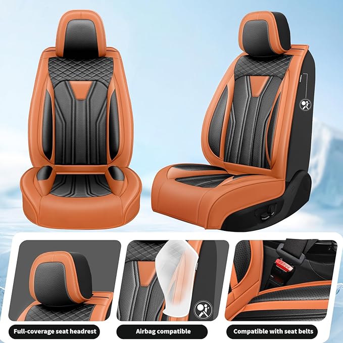 Fit Kicks Car Seat Covers， Compatible with Nissan Kicks 2018-2026 -Premium Leather, Waterproof Breathable All-Weather Seat Cushion Protector Airbag Compatible（2 Seats Front Pair，Orange & Black