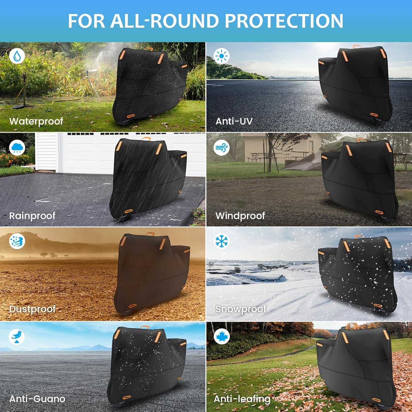 Motor Bike Cover Waterproof Outdoor, Motorbike Scooter Moped Cover Sun Rain Dust Protection with 4 Reflective Strips and 2 Fixed Buckles, 2 Lock-Holes for Most Motorcycles (L: 81 x 37 x 43 inch)