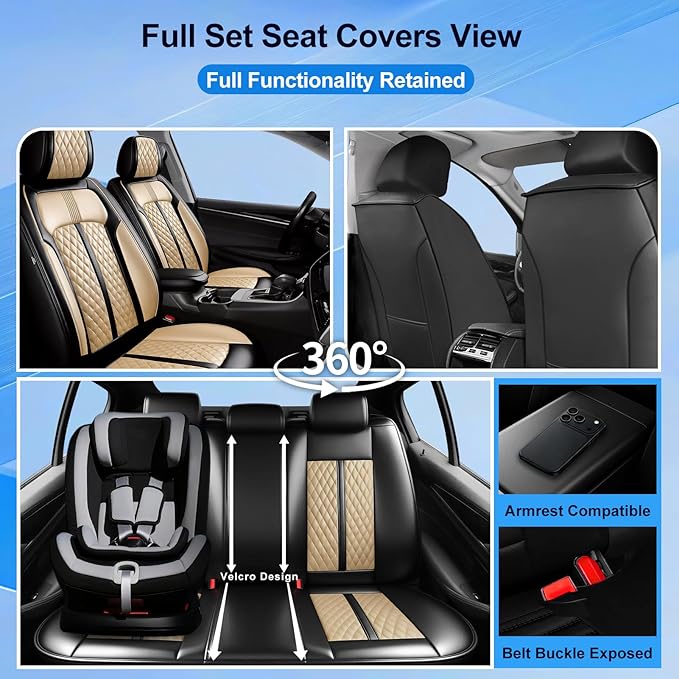 Fit Bolt Car Seat Covers for Select Chevrolet Bolt/Bolt EUV 2017-2025, Premium Full Coverage Leather, Airbag Compatible, Waterproof All Weather Seat Cushion Protector, Front Pair Black+Beige