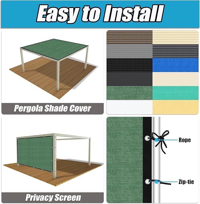 Amagenix 90% Pergola Shade Cover 15' X 15' Sun Shade Cloth with Grommets for Outdoor Garden Patio Porch, Commercial Grade 200 GSM - Cable Zip Ties Included (We Customized) GN108, Green