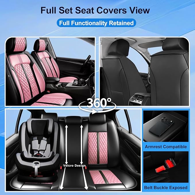 Fit Blazer Car Seat Covers for Select Chevrolet/Chevy Blazer 2019-2026, Premium Full Coverage Leather, Airbag Compatible, Waterproof All Weather Seat Cushion Protector, Full Set, Black+Pink