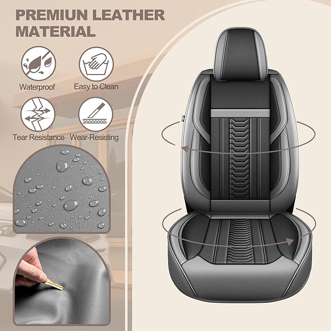TTX LIGHTING for Hyundai Kona 2018-2026 Seat Covers: Waterproof Leather Seat Protector with Airbag Compatible (2 Front Seats,Black&Gray)