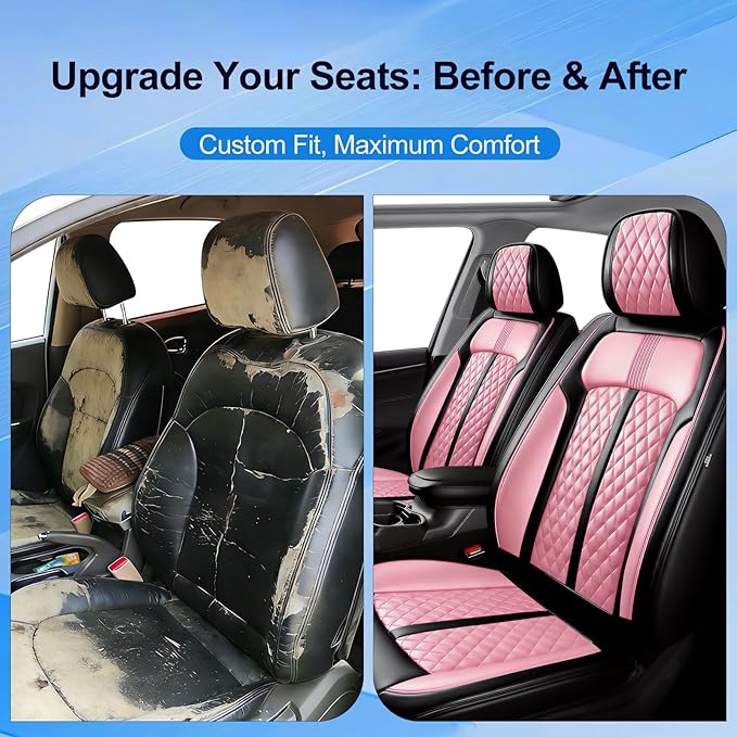 Fit Blazer Car Seat Covers for Select Chevrolet/Chevy Blazer 2019-2026, Premium Full Coverage Leather, Airbag Compatible, Waterproof All Weather Seat Cushion Protector, Full Set, Black+Pink