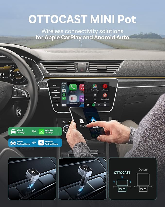 OTTOCAST Mini 3.0 (Pot) 2025 Wireless CarPlay & Android Auto 2-in-1 Adapter, Plug & Play, 5GHz WiFi, Auto Connect for iPhone & Android, Fits 98%+ OEM Wired CarPlay Cars