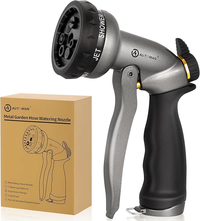 AUTOMAN Garden Hose Nozzle - 7 Patterns Sprayer, 100% Metal High Pressure Spray Nozzle, Labor-Saving Design, Heavy Duty Water Hose Nozzle for Garden Watering, Car Washing, Window Cleaning,Pets Bathing