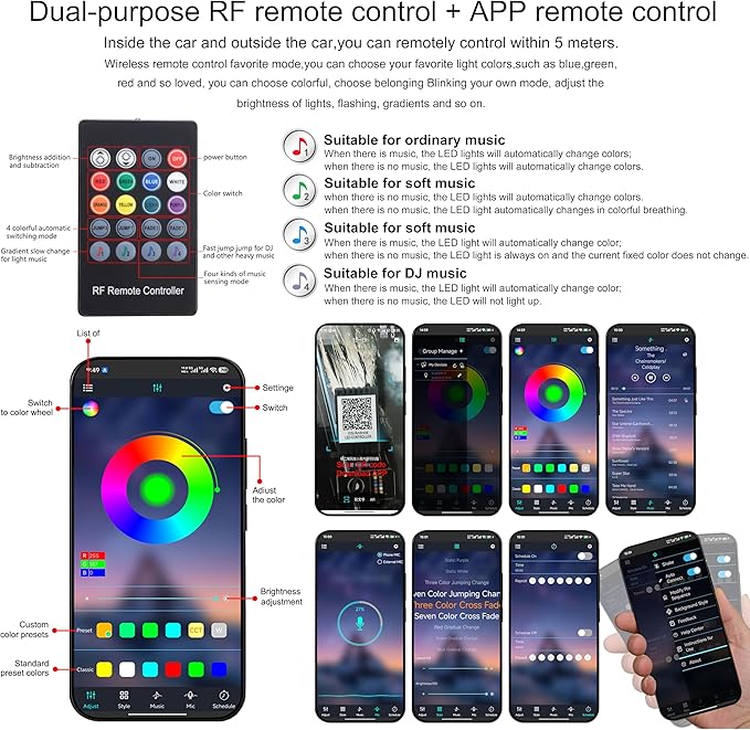 Car Ambient Lighting Optic Fiber 64 Colors Music Sound Active with RF Remote Controller + APP Control Car Decorative Atmosphere Lighting Kit DC 12V 1W 3m