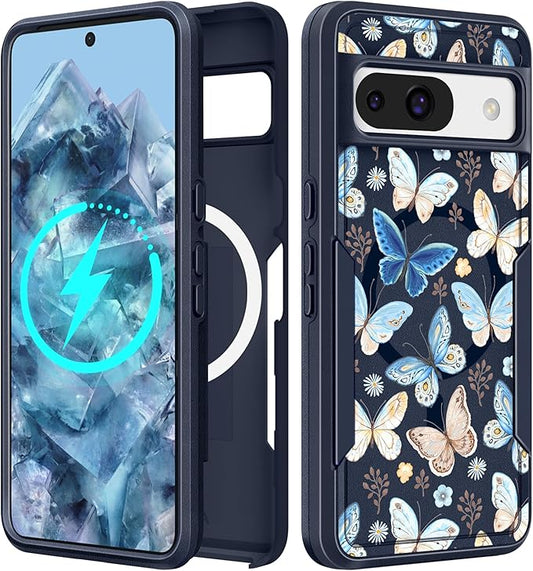 for Google Pixel 8A Case 6.1 Inch - Compatible with MagSafe Women Girls Cute Magnetic Protective Cover Kawaii Girly Blue Butterfly Heavy Duty Shockproof Design for Google Pixel 8A Phone Cases