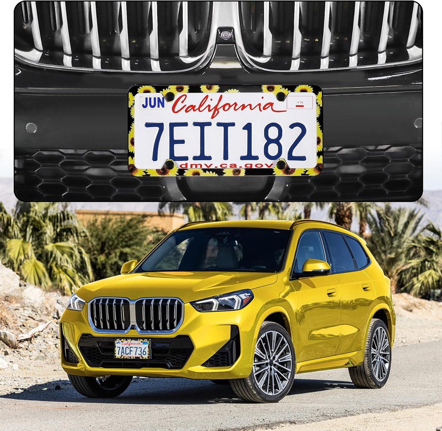 LivTee Flower License Plate Frames, 4 Holes Stainless Steel License Plate Covers, 2PCS Car License Plate Holder, Automotive Exterior Accessories, Sunflower