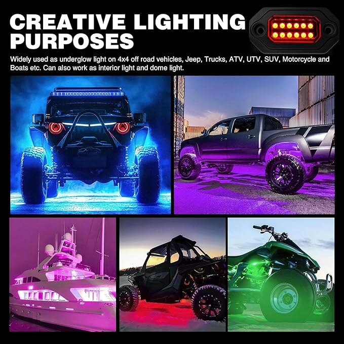 RGB LED Rock Lights Kit, 10 pods Multicolor Neon Light with Bluetooth App/Remote Control Flashing Music Mode, Aluminum Metal, IP68 Waterproof, 12v for Truck ATV UTV SUV