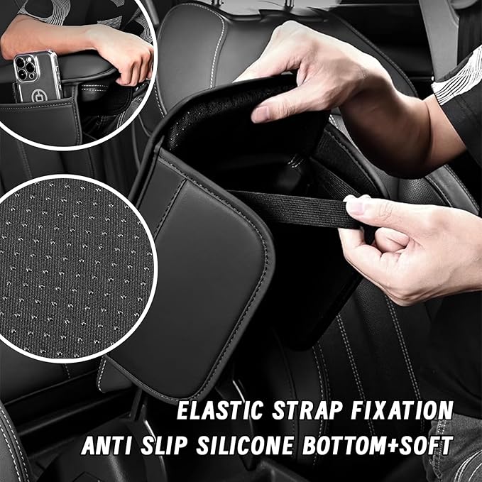 Car Center Console Cover, Leather Comfort Armrest Cover with 2 Storage Bag, Interior Car Accessories Universal Car Arm Rest Cover Pad for Car Decoration and Storage, Fit for Most Vehicle (Brown)