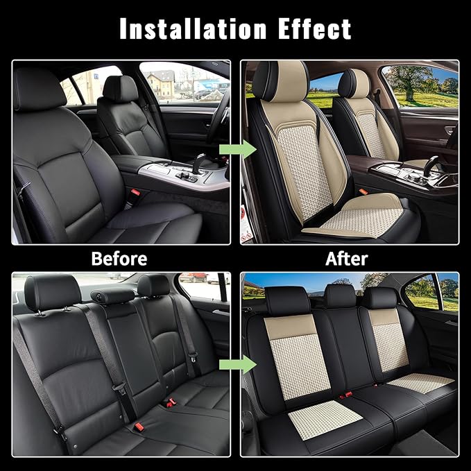Car Seat Covers Full Set for Toyota RAV4 2013-2025 RAV4 Hybrid - Breathable Cooling Ice Silk Leather - Black & Beige