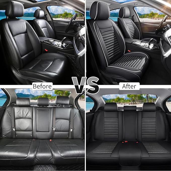 Truck Seat Covers Full Set Fit for Toyota Tacoma 2001-2026, Premium Faux Leather Car Seat Protector, Breathable, Anti-Slip, Comfortable & Durable (Black&White,Full Set)