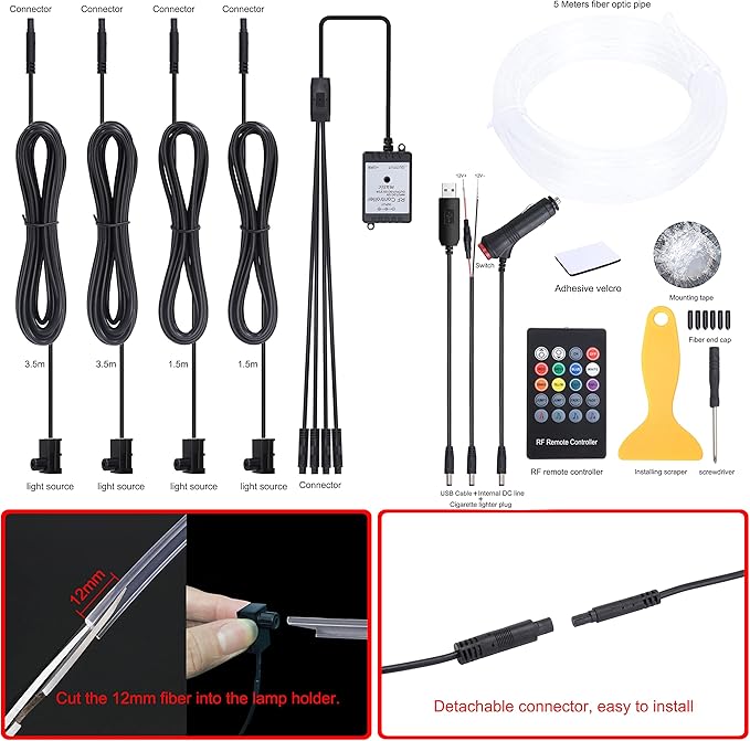Car Atmosphere Light Kit 5m Fiber Optic RGB Multicolor Sound Active Music Sync Memory Function RF Remote Controller USB Car Interior Ambient Lighting Kit DC 12V