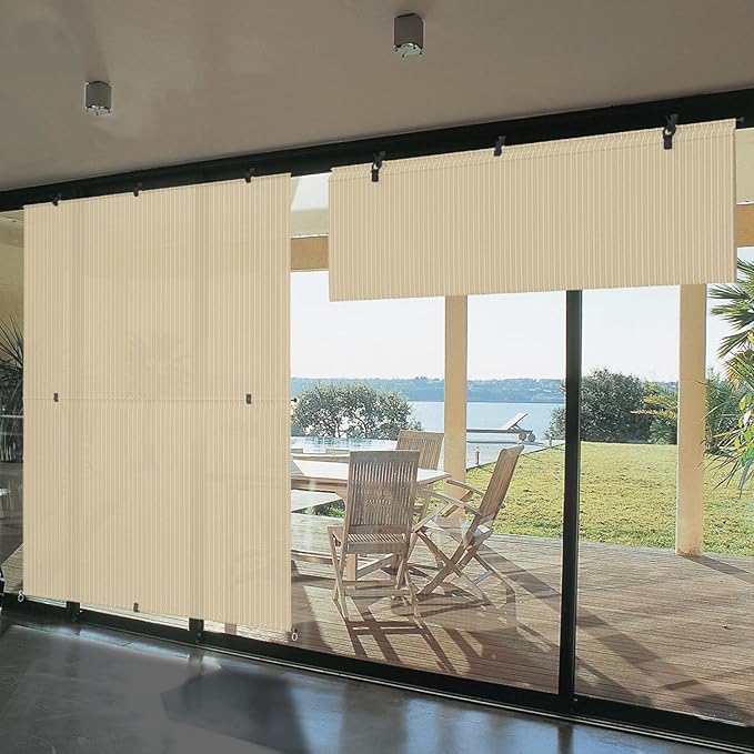 Bynbbur 5'W x 7.5'H Outdoor Patio Shades Foldable Roller Blinds, 220 GSM Sun Shade Roll Up Porch Screens Exterior Shade Cloth for Deck Pergola Backyard, Beige