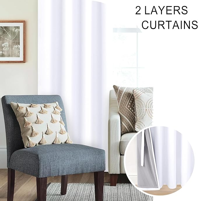XWZO 100% Blackout Curtains with Tiebacks- 2 Thick Layers Completely Shaded Window Treatment Thermal Insulated Lined Drapes with Grommets for Bedroom/Laundry Room, White, W52 x L45, Set of 2 Panels