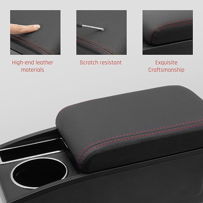 Car Armrest Box for Toyota Yaris Vitz 2006-2011 Auto Accessories Center Console Leather Arm Rest Double-Layer Storage Space with Cup Holder (Red Thread)