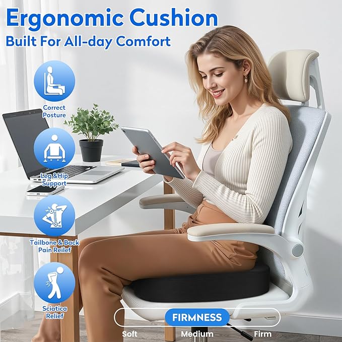 Seat Cushion, Office Chair Cushions, Car Seat Cushion, Non-Slip Sciatica & Back Coccyx Tailbone Pain Relief Chair Pad, Memory Foam Pillow for Computer Desk, Wheelchair, Driving(Black)