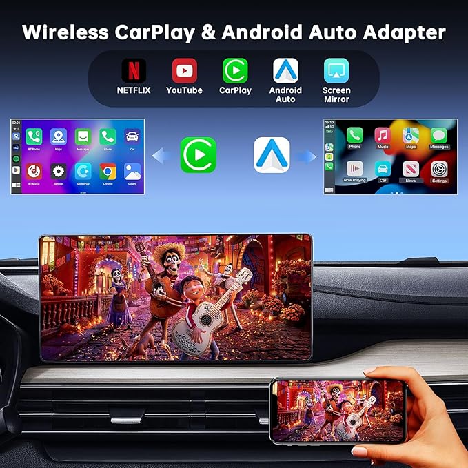 2026 New Wireless CarPlay Adapter Support Netflix/YouTube/TF, 5-in-1 Android Auto & Carplay Adapter with USB-A and USB-C Cables,Convert Wired to Wireless Apple Dongle, Video Box Car Play for iOS 10+