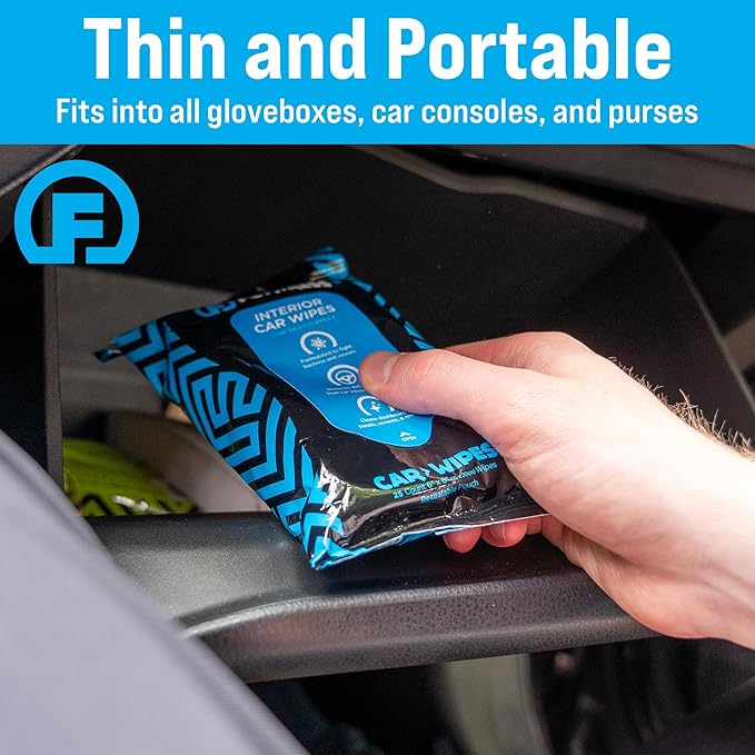 Fortress Car Wipes with Microfiber Cloth (25 ct, Pack of 5) for Interior Cleaning, Dashboard, Seats, Detailing, Steering Wheel [Travel Size] Skin-Safe Cleaner Supplies