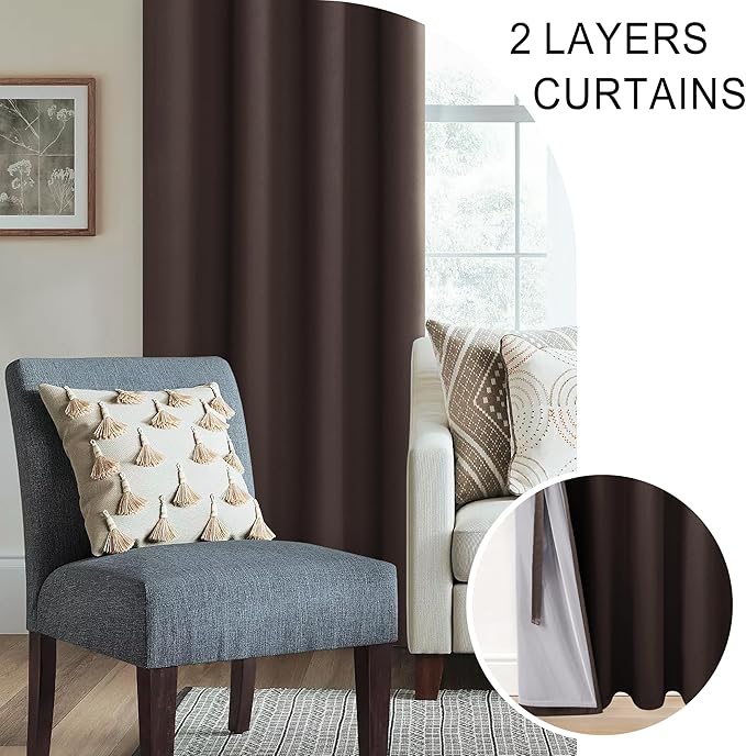 XWZO 100% Blackout Window Curtains - Thermal Insulated & Completely Room Darkening Black Liner Window Treatment with Tiebacks for Bedroom/Living Room, Brown, W42 x L63, Set of 2 Panels