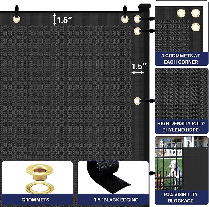 Windscreen4less Privacy Fence Screen Heavy Duty Windscreen Fencing Mesh Fabric Shade Net Cover with Brass Grommtes for Outdoor Wall Garden Yard Pool Deck, 8'x156' Black