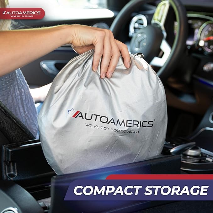Autoamerics 2-Piece Windshield Sun Shade - Foldable Car Front Window Sunshade for Most Compact Sports Cars - Auto Sun Blocker Visor Protector Blocks 99% UV Rays and Keeps Your Vehicle Cool - Small Fit