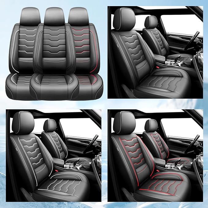 Fit Tucson Car Seat Covers Premium Leather for Hyundai Tucson 2010-2025 2026. Waterproof， Breathable, Scratch-Resistant & All-Weather Seat Cushion Protector (Front Seat, White Line Black)
