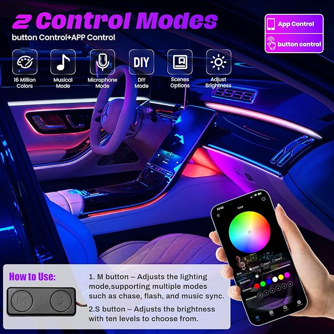 KENANEK Ambient Lighting Car Interior LED Strip Lights 22-in-1, 175” Acrylic Multi-Color Car Ambient Lighting Kit with Music Sync, APP Control, Interior LED Lighting for Cars SUVs Trucks