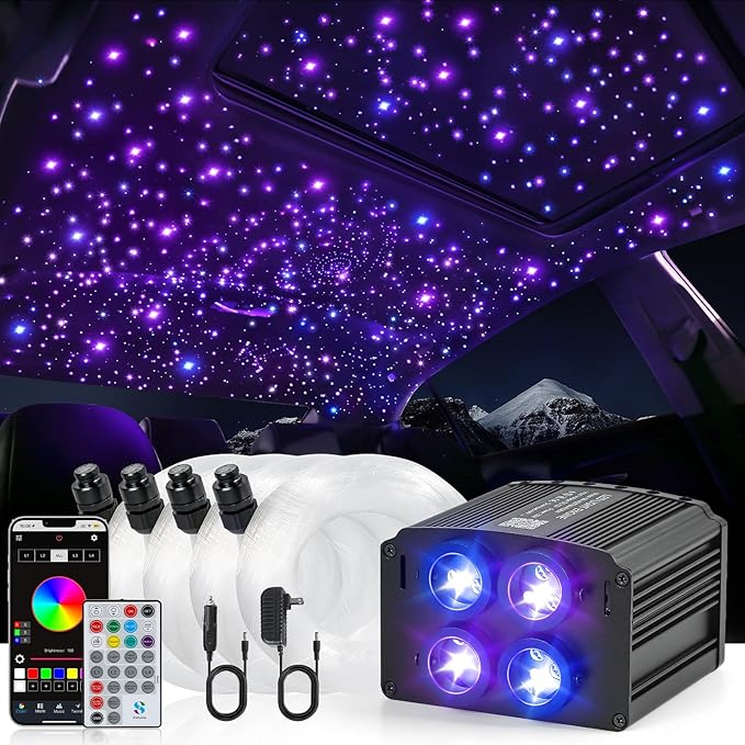 4 Colors 32W Twinkle Starlight Headliner Kit for Car Home with APP&RF Remote,RGBW 800pcs*0.03in*13.1ft Cables Fiber Optic Star Sky Roof Lights,4 Port Engine Sound Activated Car Ceiling Star Lights