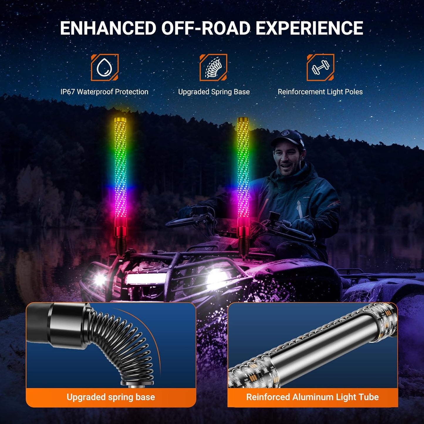 2PCS 2FT Fat Whip Lights for UTV ATV with Spring Base, Led Fatty Whip Light W/Rocker Switch & 6 Flags, Brighter Spiral Chasing Lighted Antenna Whip with APP & Remote Control for RZR SXS Can-Am