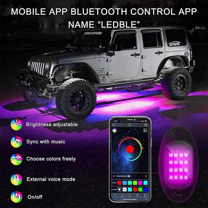 Ohleats Rock Lights for Car, Multi Color RGB LED Rock Lights Kit with APP Control & Music Mode, Waterproof Underglow Rock Neon Light for Pickup Truck SUV, Car Accessories (4 Pods)