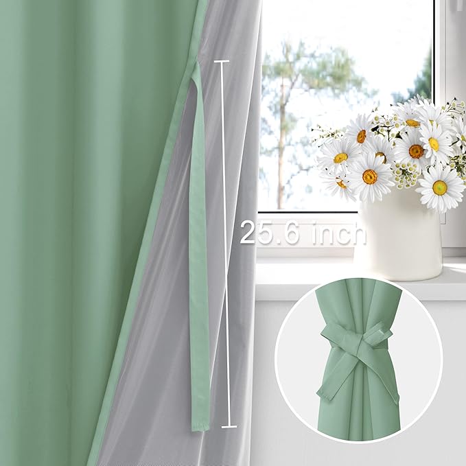 XWZO 100% Blackout Window Curtains - Thermal Insulated & Completely Room Darkening Black Liner Window Treatment with Tiebacks for Bedroom/Living Room, Light Sage, W42 x L63, Set of 2 Panels