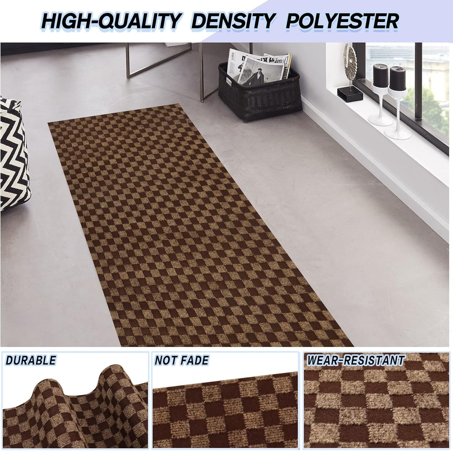 Custom Size Backed Non-Slip Area Rugs Runner, Easy Clean, Waterproof Runner Rugs for Hallway Entryway, Kitchen, Laundry, 3FT x 38FT, Brown Checkered