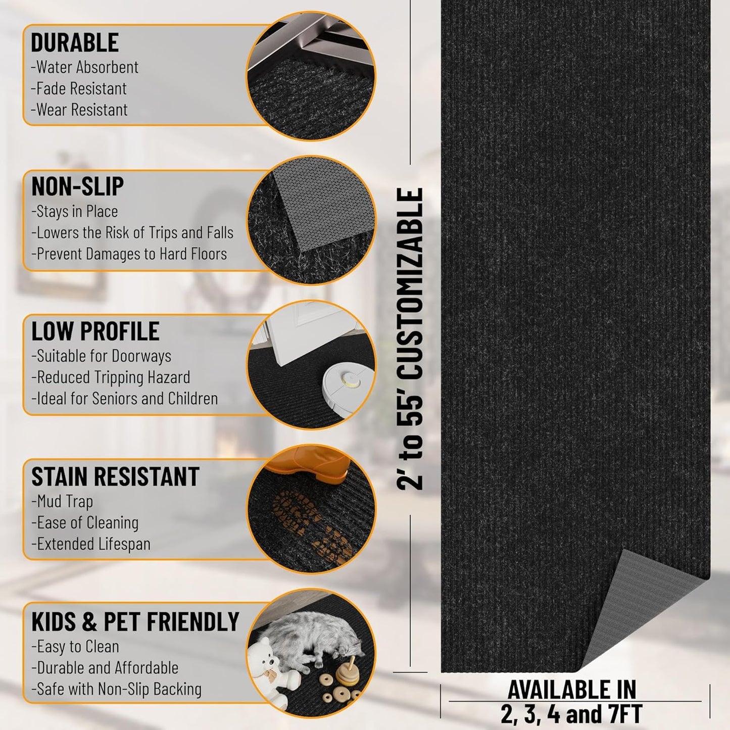 Ottomanson 2' x 14' Hallway Runner with Scraper Pile Extra Durable Non-Slip Rug Mat for Indoor & Outdoor Use - Ideal for Kitchen, Entryway, Patio & Garage - High-Traffic Carpet, Black