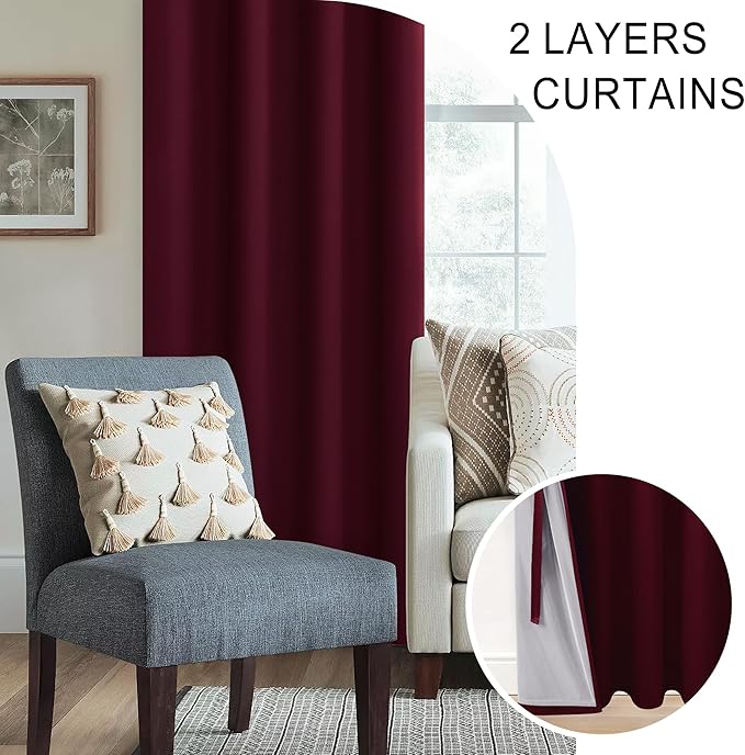 XWZO 100% Blackout Curtain Panels - Thermal Insulated Black Liner Curtains, Noise Reducing and Heat Blocking Drapes for Hall and Studio Windows with Tiebacks, Burgundy, W38 x L72, Set of 2