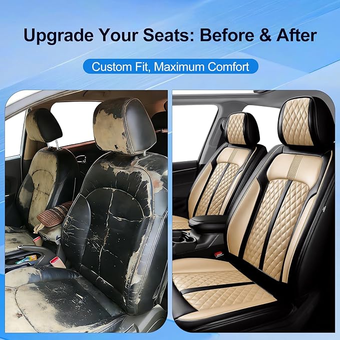 Fit CX-7 Car Seat Covers for Select Mazda CX7 2006-2012, Premium Full Coverage Leather, Airbag Compatible, Waterproof All Weather Seat Protector, Front Pair Black+Beige