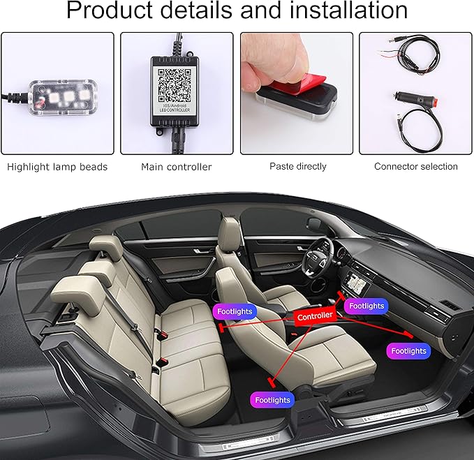 Car Ambient Lighting 64 Colors Multicoloured Music Footwell Lighting RF Remote Controller + APP Control Car DIY Decorative Atmosphere Lighting Kit DC 12V 1W