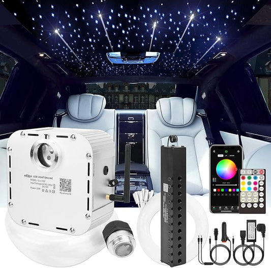 CHINLY 32w Meteor Twinkle 1000pcs 0.03in 16.4ft Bluetooth RGBW LED Fiber Optic Star Ceiling Light,APP/Remote +Shooting Stars Light kit+Adapter+Cigarette Lighter+10 Crystals,for Car/Ceiling