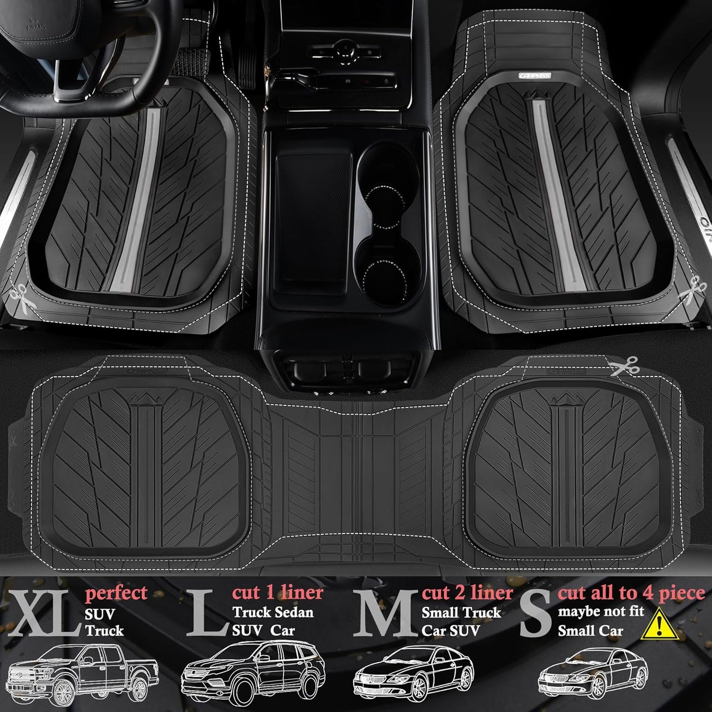 CAR PASS Tire Tread DeepDish Rubber Floor Mats for car Heavy Duty car mats All Weather, Universal XL~M Trim to Fit for Truck SUV Vehicle Automotive, Waterproof car mats 3 Piece(Gray Black)