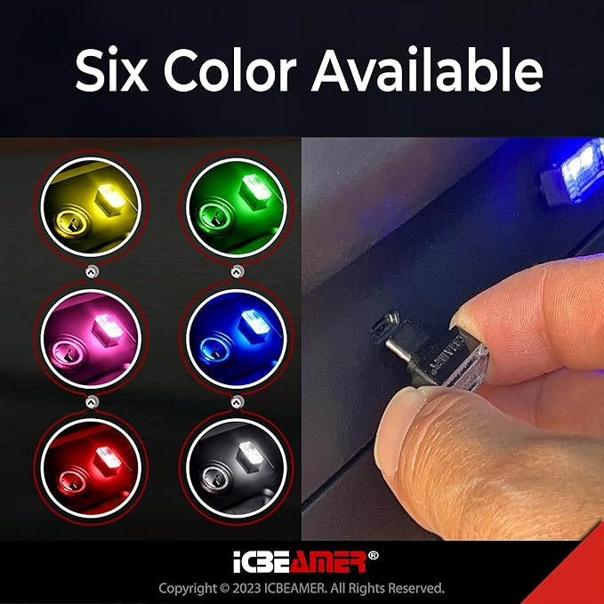 ICBEAMER Type C Adapters Atmosphere Light 2-Pack (Blue) | Universal Plug-in Miniature LED Night Light for Car Interior and Trunk Ambient Lighting Solution
