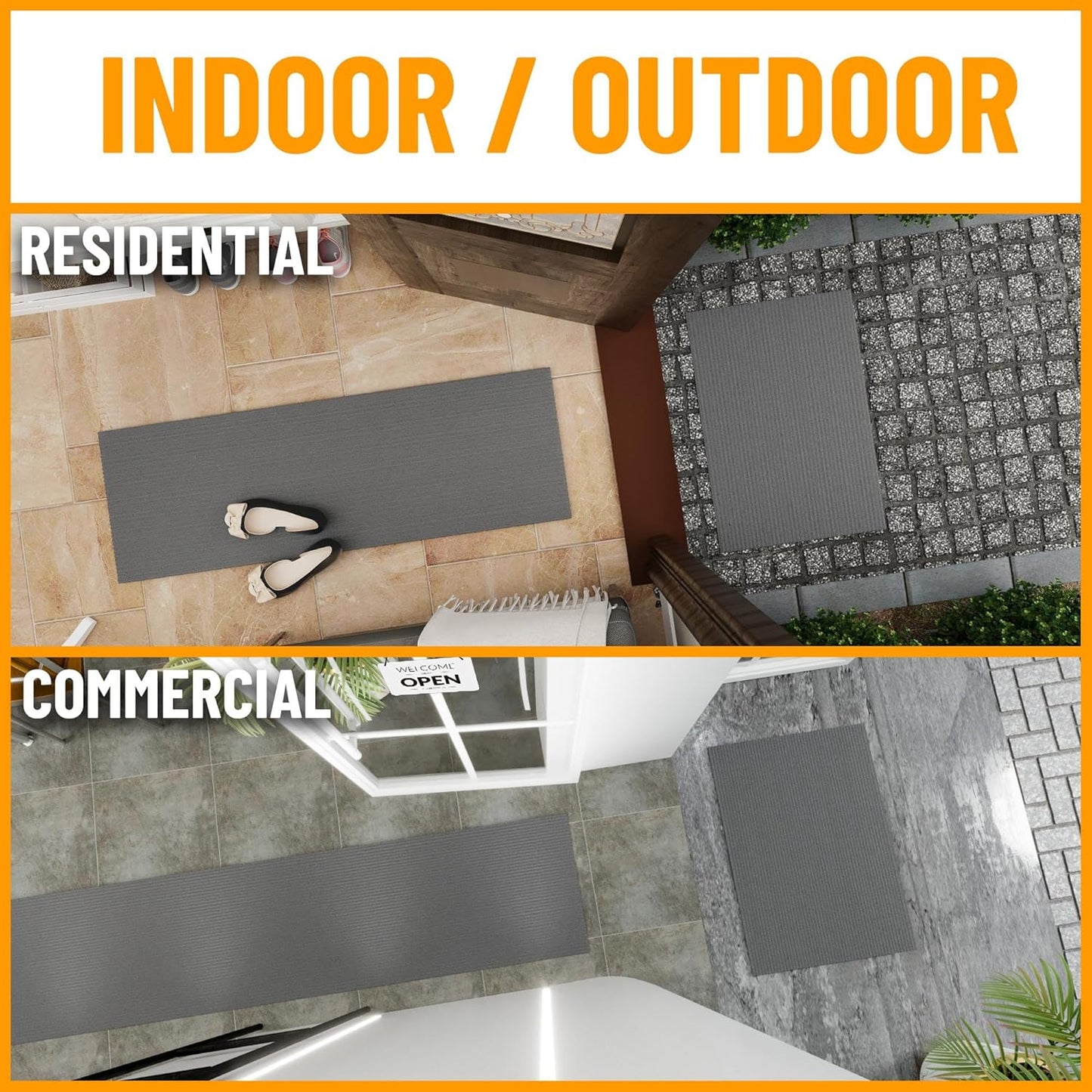 Ottomanson 2' x 30' Hallway Runner with Scraper Pile Extra Durable Non-Slip Rug Mat for Indoor & Outdoor Use - Ideal for Kitchen, Entryway, Patio & Garage - High-Traffic Carpet, Gray